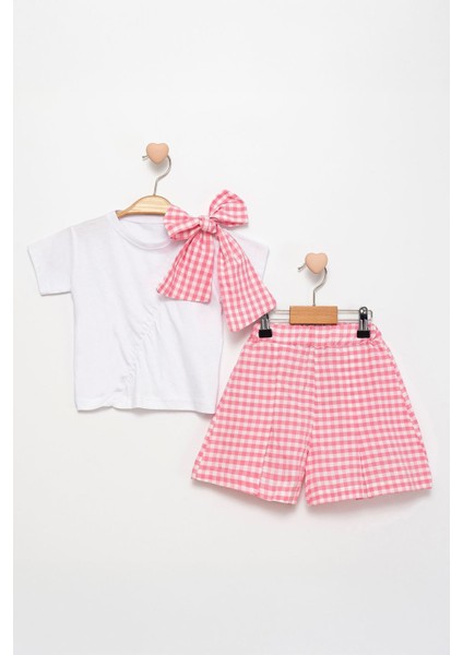 Fiyonk Detaylı Pötikare Şortlu Kız Çocuk 2 li takım - Pembe