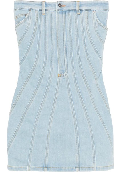 Spiral Denim Sırt Dekolteli Elbise