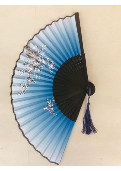 - Hediye Kutusu Ile Bambu Beyaz Çiçek Desenli Mavi Şık Japon Yelpaze Lüks Özel Tasarım