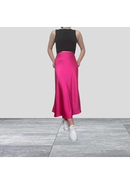 Fuşya Pembe Saten Yüksek Bel Midi Boy Etek modelleri