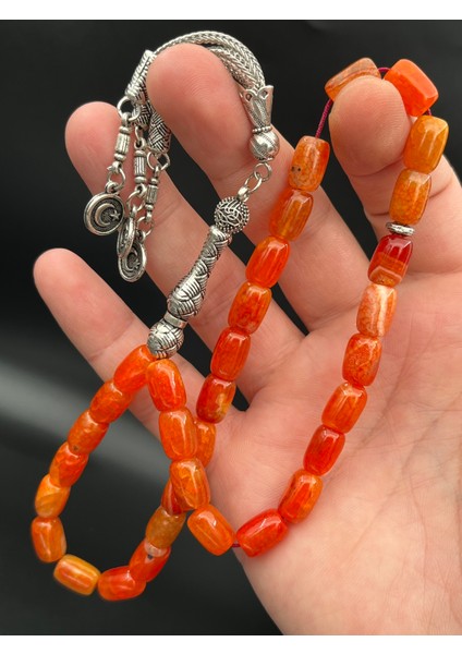 Turuncu Akik Tesbih – Kapsül Model 7X11 mm | 33 Tane | Metal Püskül | AK500200.190425