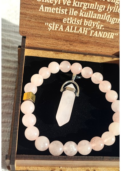 Özel Kutusunda Doğal Pembe Kuvars Taşı Kolye ve Bileklik Seti modelleri