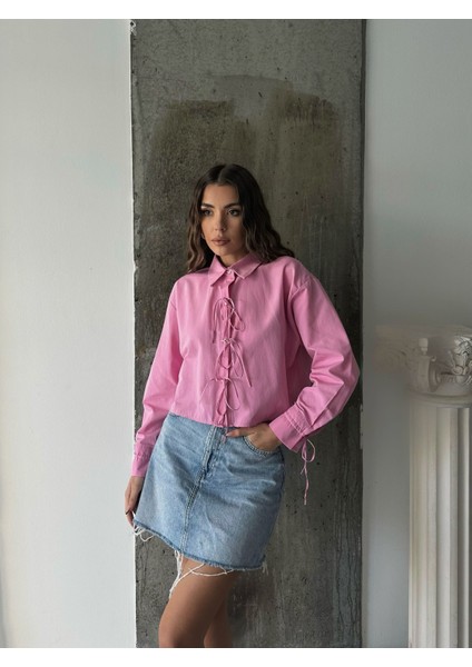 Pembe - Önden Bağlamalı Uzun Kol Pamuklu Gömlek