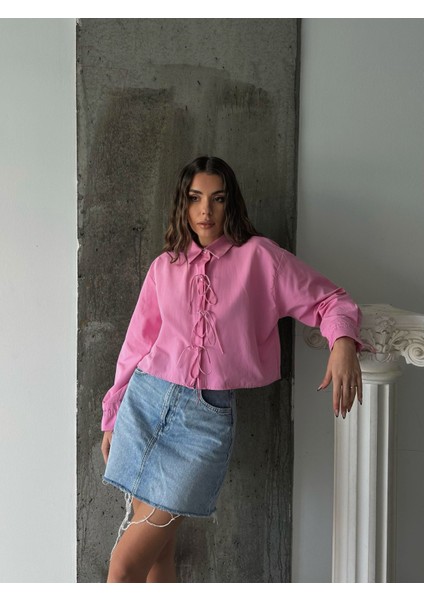 Pembe - Önden Bağlamalı Uzun Kol Pamuklu Gömlek fiyatları
