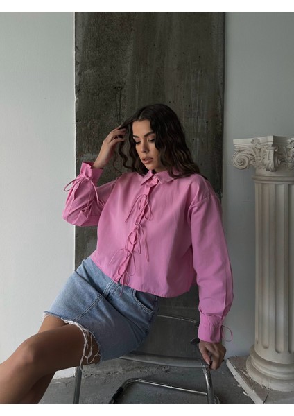 Pembe - Önden Bağlamalı Uzun Kol Pamuklu Gömlek modelleri