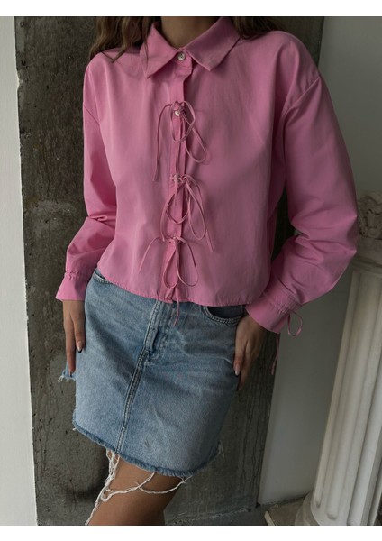 Pembe - Önden Bağlamalı Uzun Kol Pamuklu Gömlek fırsatları