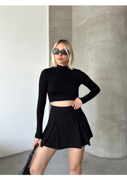 Siyah - Pileli Mini Şort Etek