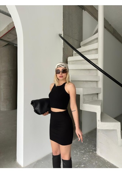 Siyah - Çelik Örme Mini Etek