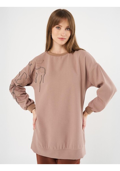 Çiçek Aplikeli Krep Sweatshırt Vizon 70009