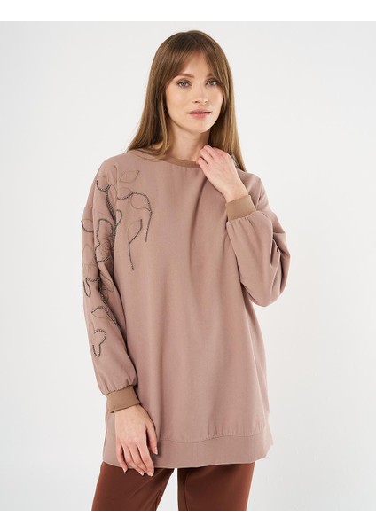 Çiçek Aplikeli Krep Sweatshırt Vizon 70009 fiyatları