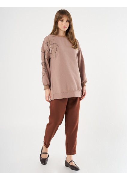Çiçek Aplikeli Krep Sweatshırt Vizon 70009 indirimleri