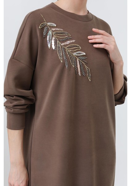 Omuzu Nakış Işlemeli Tunik Kahve 10629