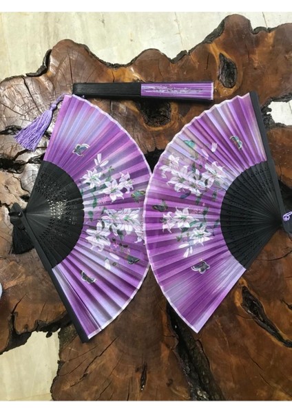 - Yelpaze Özel Hediye Kutusu ile Mavi ve Mor Çiçekli Desenli Bambu Şık Japon Lüks Özel Tasarım