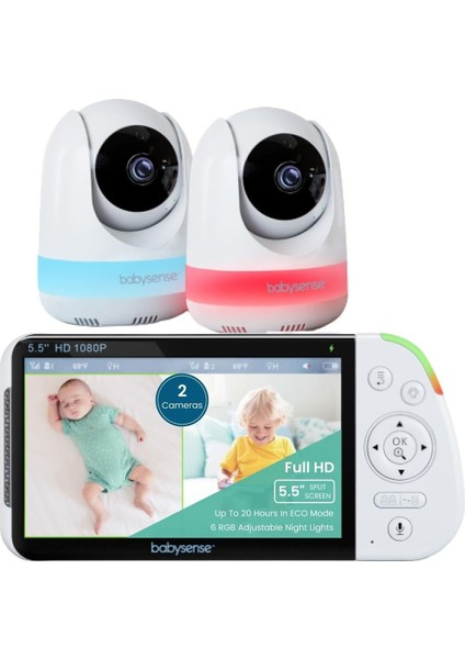 Maxview-2cam 5.5" Full Hd Bebek Monitörü, 2 Kamera, Rgb Gece Işığı, 5000MAH Pil