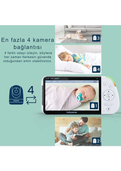 Maxview-2cam 5.5" Full Hd Bebek Monitörü, 2 Kamera, Rgb Gece Işığı, 5000MAH Pil