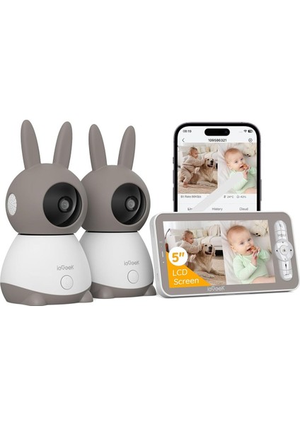 2 Kameralı Bebek Monitörü, 2k/3mp, 5 Inç Ekran, Gece Görüşü, Otomatik Takip
