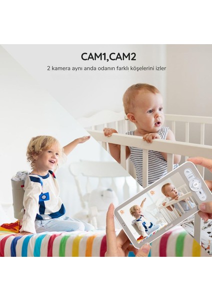 2 Kameralı Bebek Monitörü, 2k/3mp, 5 Inç Ekran, Gece Görüşü, Otomatik Takip