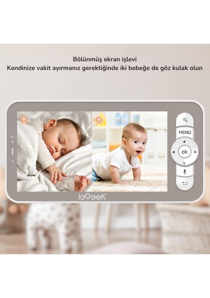 2 Kameralı Bebek Monitörü, 2k/3mp, 5 Inç Ekran, Gece Görüşü, Otomatik Takip