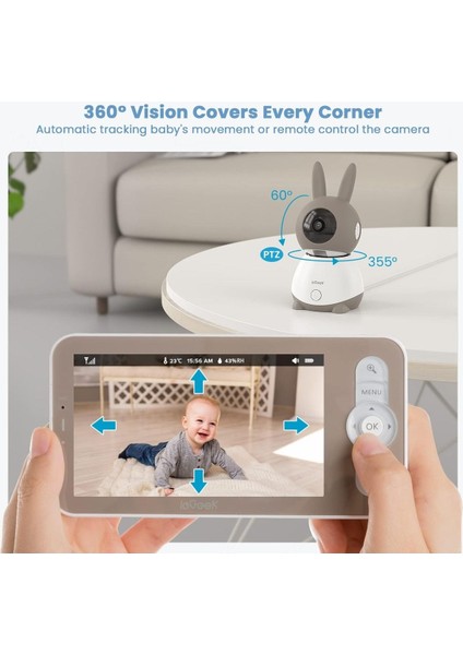 2k/3mp Wifi Bebek Monitörü, 5" Ekran, 360° Görüş, Otomatik Takip, Gece Görüşü, Hareket Algılama