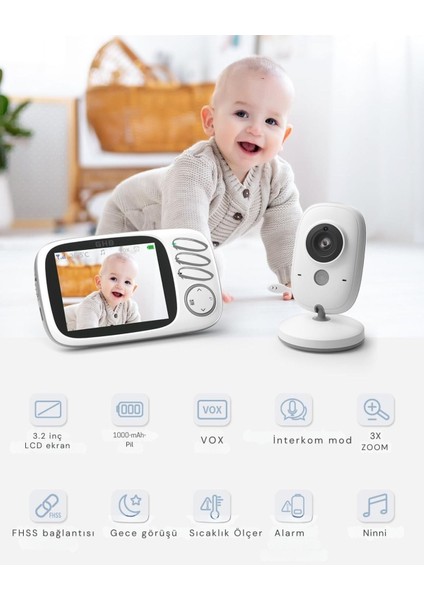 Bebek Kameralı Monitör, 3.2" Lcd, Gece Görüşü, Vox Modu, Iki Yönlü Konuşma, Ninni
