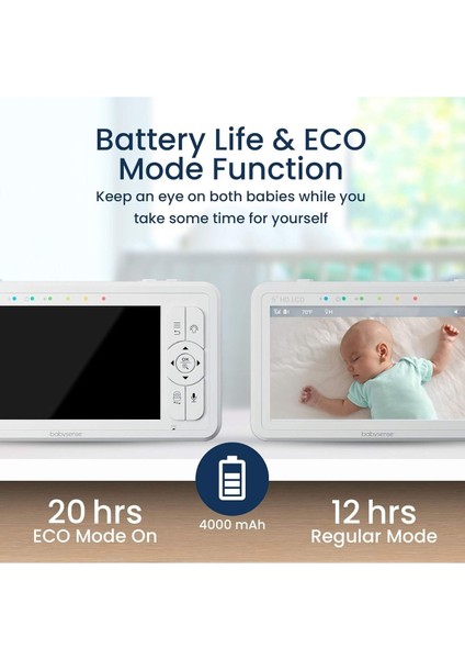 Hd 5 Inç Bebek Monitörü, 2 Kamera, Wifi Gerektirmez, Gece Işığı, 4x Zoom, 4000MAH Pil, 2 Yönlü Ses
