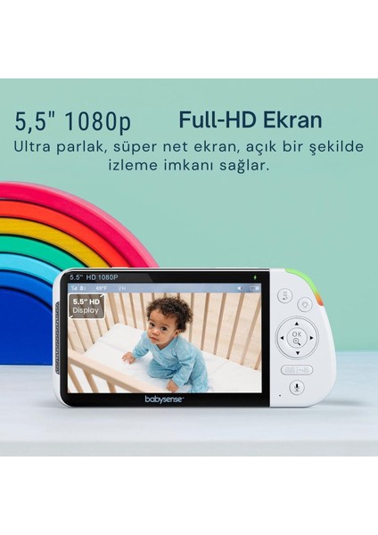 5.5" Full Hd Bebek Monitörü, Wifi Olmadan, 300M Menzil, Iki Yönlü Ses, 4x Zoom, 5000MAH Pil