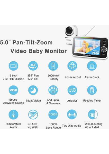 Video Bebek Monitörü, 5 Inç Split Ekran, 30 Saat Pil Ömrü, 355° Pan-Tilt-Zoom, Gece Görüşü