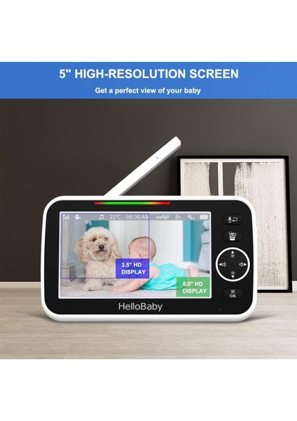 Video Bebek Monitörü, 5 Inç Split Ekran, 30 Saat Pil Ömrü, 355° Pan-Tilt-Zoom, Gece Görüşü