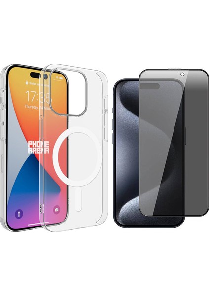 iPhone 15 Pro Max Kılıf Zore M-safe Şarj Özellikli Şeffaf Tek Kamera Çerçeveli Porto Kapak + Hayalet Ekran Koruyucu