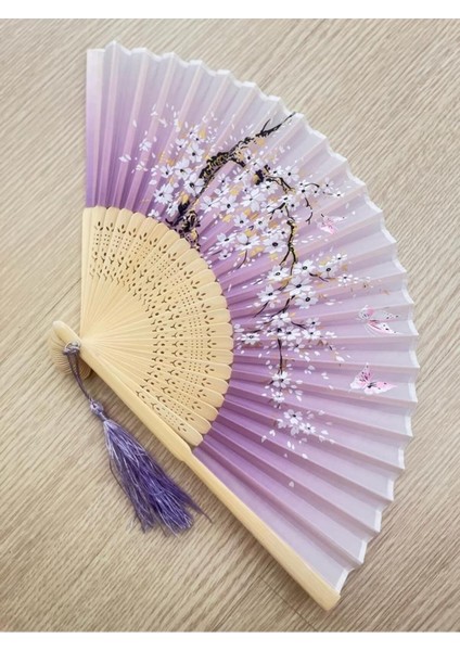 - Yelpaze Hediye Kutusu Ile Bambu Beyaz Çiçek Desenli Şık Japon Yelpaze Lüks A1100