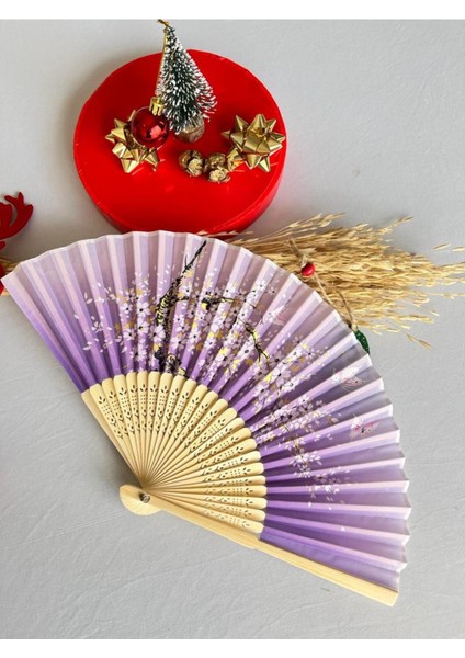 - Yelpaze Hediye Kutusu Ile Bambu Beyaz Çiçek Desenli Şık Japon Yelpaze Lüks A1100