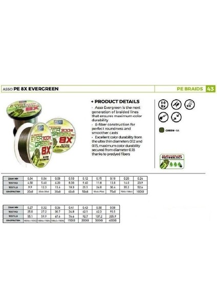 Evergreen 8x 300mt Ip Misina 0,41mm fiyatları