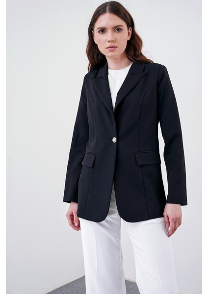 Kruvaze Yaka Tek Düğmeli Siyah Blazer Ceket 0070