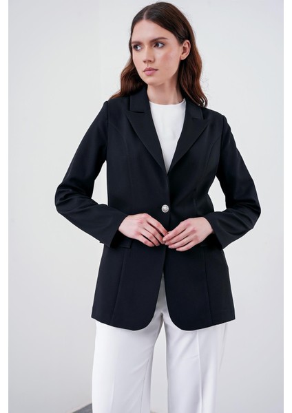 Kruvaze Yaka Tek Düğmeli Siyah Blazer Ceket 0070