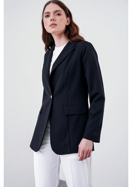 Kruvaze Yaka Tek Düğmeli Siyah Blazer Ceket 0070