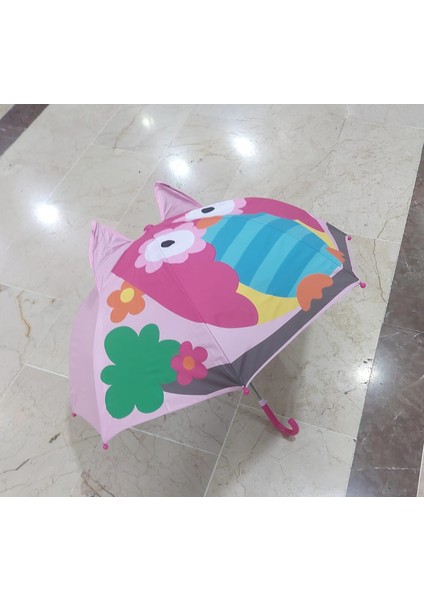 Kulaklı Çocuk Şemsiye Pembe Baykuş Sevimli Kolay Kullanım Çiçekli Cartoon Kids Umbrella 1 Adet
