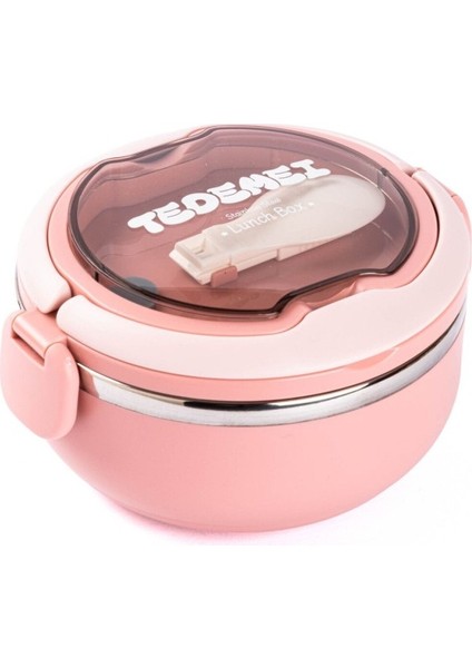 Tedemeı Pembe Paslanmaz Çelik Kaşıklı Yemek Taşıma Kabı 700ML