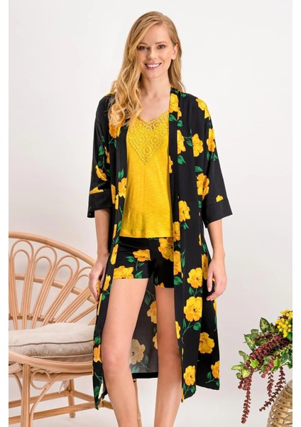 Arnetta Kadın Yellow Rose Sarı Homewear Kimono,şort Takım