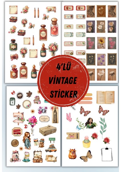 4'lü Vintage Sticker Planner Ajanda Bullet Journal Için Uygun Set