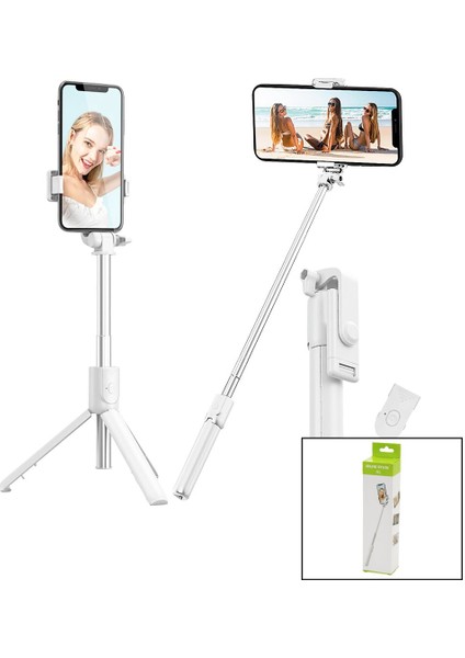 Beyaz Selfi Çubuk - Tripod Ayaklı 57CM Uzayan-Kısalan Saplı + 10CM =67CM (2818)