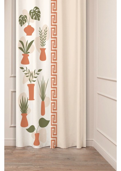 Özel Tasarım Bohem Yaprak Vazo Çiçek Ethnic African Desenli Dijital Baskılı (Tek Kanat) Fon Perde