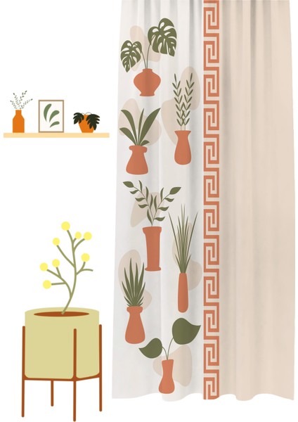 Özel Tasarım Bohem Yaprak Vazo Çiçek Ethnic African Desenli Dijital Baskılı (Tek Kanat) Fon Perde modelleri