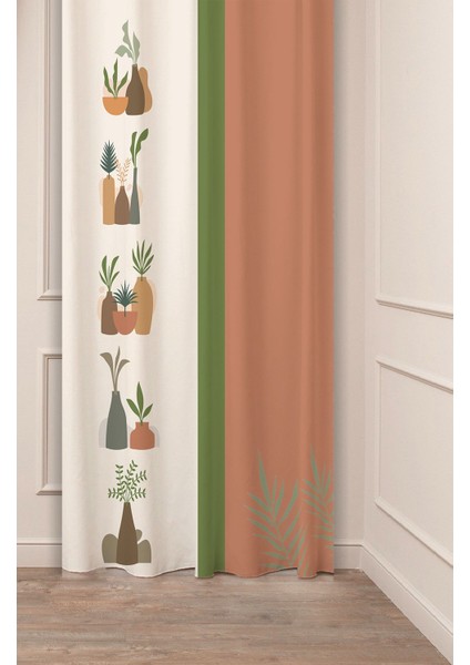 Özel Tasarım Bohem Yaprak Vazo Çiçek Ethnic African Desenli Dijital Baskılı (Tek Kanat) Fon Perde