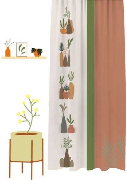 Özel Tasarım Bohem Yaprak Vazo Çiçek Ethnic African Desenli Dijital Baskılı (Tek Kanat) Fon Perde fiyatları