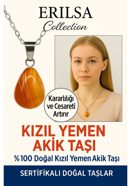 Sertifikalı Damla Model Kızıl Yemen Akiği Kolye – Sabır, Koruma ve Ruhsal Güç Nazar Taşı