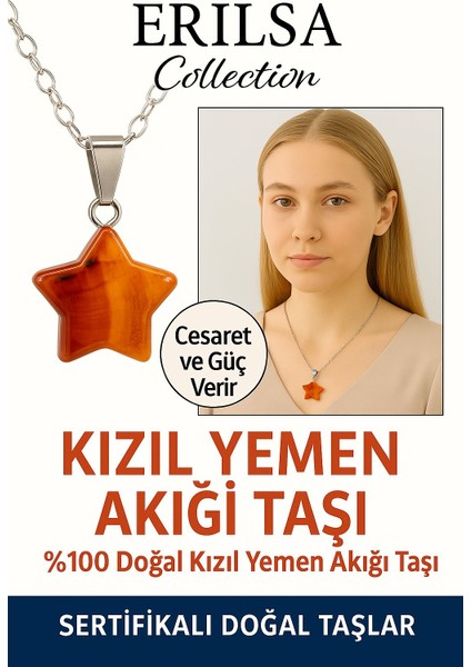 Sertifikalı Yıldız Kesim Kızıl Yemen Akiği Kolye – Nazar ve Kötü Enerji Karşıtı Doğal Taş