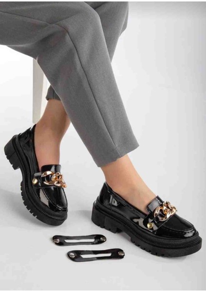 Loafer Siyah Rugan Gold Zincir Toka Detaylı Rahat Ayakkabı