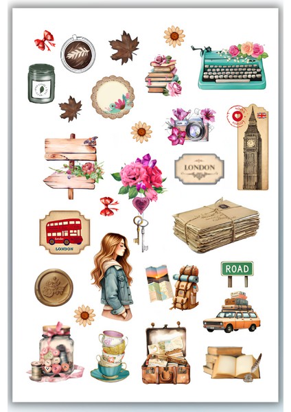 Vintage Temalı Sticker Planner Ajanda Bullet Journal Için Uygun Set