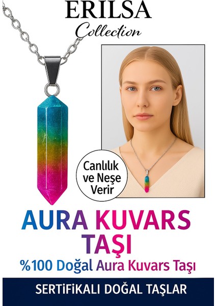 Sertifikalı Ham Işlenmemiş Multicolor Aura Kuvars Taşı Kolye – Canlılık ve Neşe Veren Doğal Taş