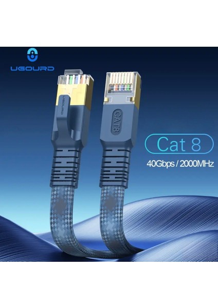 1-Metre Cat 8 Ethernet Kablosu 40 Gpbs+5G+2000 Mhz. RJ45 Konnektör CE+FC+RohS Lisanslı Hasır Örgülü Sağlam Kablo Orjinal